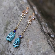 ||藍海珍珠||土耳其石/青金石/天然珍珠/黃銅長耳環
