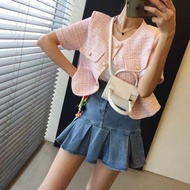 pink tweed blazer for women plus size blazer for dress short sleeve jacket for women korean style