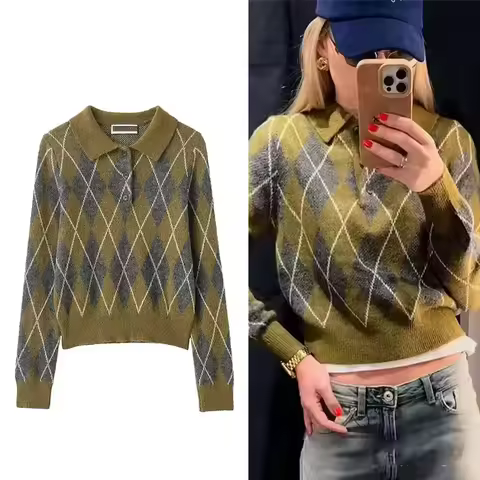 Vintage Casual Chic Women Sweater Argyle Long Sleeve Knitted Pullover Top Fashion 2026 Autumn Winter