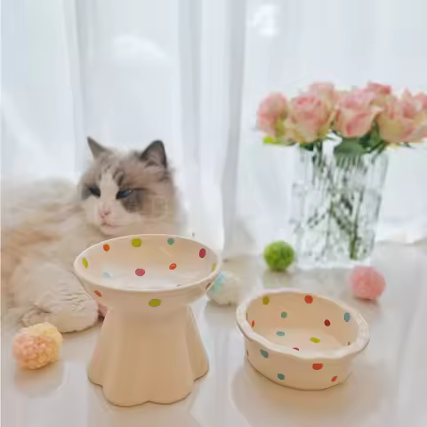 Gentle evaporated milk brown polka dot pet cat ceramic bowl water bowl cat bowl
