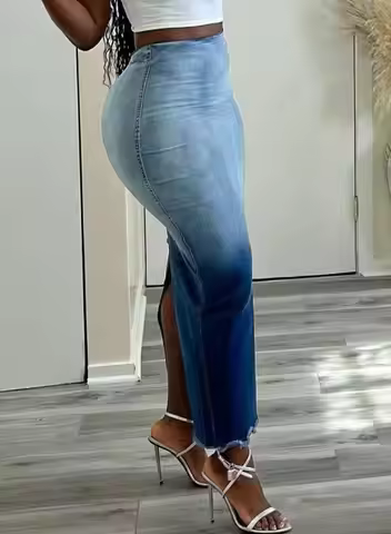 Skirts for Elegant Women Tie Dye Print Raw Hem Denim Short Dress Fashion Casual Slit Commuting Half-