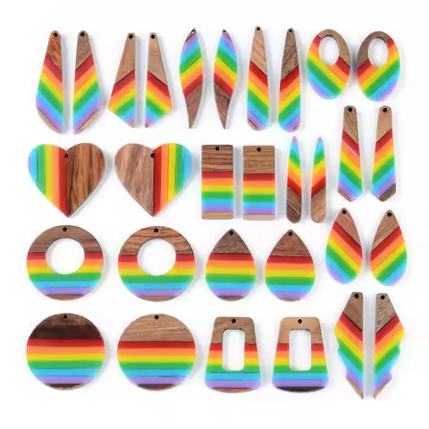 6PCS Rainbow Resin Wood Pendant Set with Earring Hook and Open Jumping Ring, Suitable for Women to D