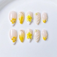 Artisan - Crafted Beauty! 10pcs Medium Almond Nails Mixed Neutral Tones With 3D Flowers & Shell - In