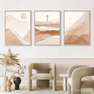 3pcs Boho Wall Art Abstract Canvas Painting, Crucifix Wall Art Painting, Christian Art Prints, Mountain Painting Poster, Minimalist Print Pictures,Living Room Wall Decoration