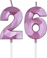 26th & 62nd Birthday Candles for Cake, Pink Number 26 62 3D Diamond Shaped Candle Birthday Decoratio
