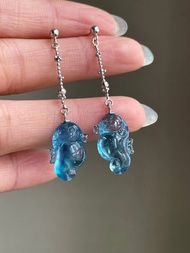 天然海藍寶魔鬼藍小海馬 925 銀耳線