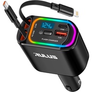 RULUS Upgrade 4 in 1 Retractable Charger for Car, PD 65W Fast Car Phone Charger with 2 Charging Cabl