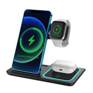 iRainbow - (黑色) 3合1 15w可折疊智能無線充電器 3-in-1 Wireless Charger (Foldable) 快速無線充電器 多功能無線充電座 手機耳機手錶無線充電器 多功能便攜式超薄無線充電器 無缐充電手支架 摺疊 充電板 (需配合9V快充火牛使用) charging stand 一體,airpods, iPhone, 手提電話支架,可平放可直