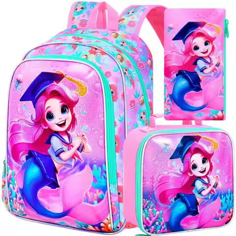3PCS Mermaid Backpack, 16" Girls Bookbag with Lunch Box, Kids Elementary Prechool Toddler Shool Bag 