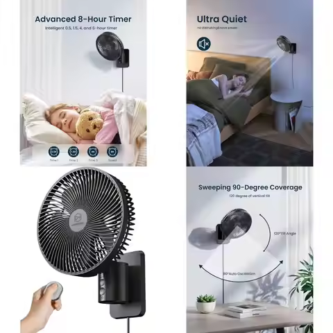 8.5 Wall-Mounted Oscillating Fan: 4-Speed, Remote & Timer, Ideal for Small Spaces