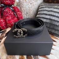 CHANEL小牛皮菱格紋雙C皮穿鏈皮帶*黑金