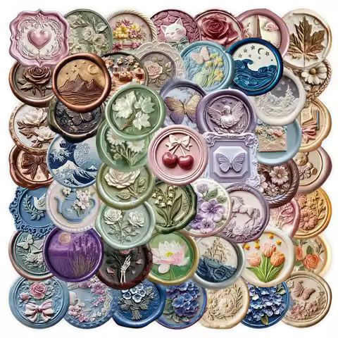 52-Pack Embossed Printed Paint Retro Waterproof Transparent PET Decor Stickers for Phone Envelope St