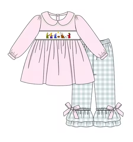 Boutique Kids Christmas Nativity Scene Print Outfit Holiday Boy Girls Gingham Plaid Pants Set Dress 