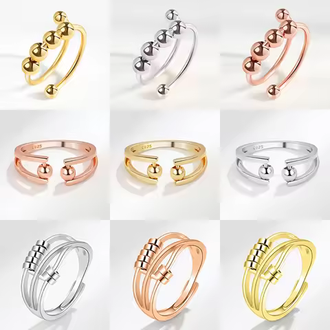 Simple Ball Charms Fidget Spinner Adjustable Rings for Women Rotate Freely Round Beads Anxiety Ring 