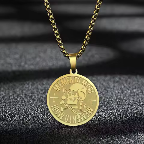 Kinitial Steampunk Skull Necklace For Men Stainless Steel Jewelry Memento Mori Philosophy Stoic Amor