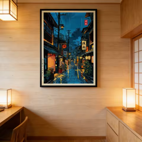 Japanese Tokyo Teahouse Cartoon Canvas Print Anime City Street Cafe Scene Wall Art Poster for Modern