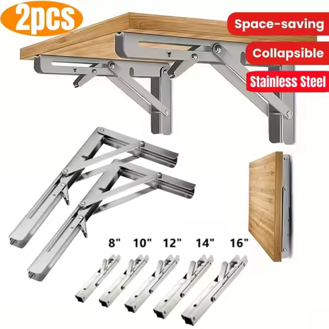 2PCS Heavy Duty Triangle Folding Angle Shelf Bracket Stainless Steel Collapsible Shelf Bracket for T