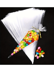 100入組透明錐形玻璃紙袋-非常適合放糖果、零食、巧克力和小禮物-派對及活動禮物佳品-(含100入捆綁金色鐵絲)！
