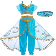 Princess Dress Up of Jasmine Aladdin and The Magic Lamp Girls Birthday Party Costume Cosplay Top Pants Wig for Kids