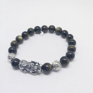S999 Blackened silver brave troop Crystals Bracelet8mm金曜石S999純銀泰銀3D空心貔貅六字經文黑曜石手串手鏈 女 🔸辟邪招財🔸◾貔貅注黑泰銀做舊