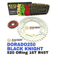 Sprocket Set KEEWAY DORADO 250 / BLACK KNIGHT JRP O-RING 520 CLIP Black Gold Chain 16-45 Spoket ORIN