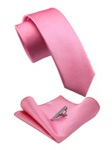 2.4" Solid Color Skinny Men's Ties Pink Silk Necktie Pocket Square Clip Set Luxury Neckties For Man 