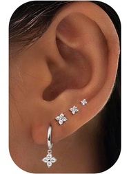 4/8pcs/Set Fashionable Delicate Four-Leaf Clover Flower Earring Set, Cubic Zirconia Inlaid, Hypoalle