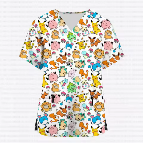 New Summer Women's Work Uniform Cartoon Pokemon Print V-neck Short-sleeved Frosted Top, Stylish Comm