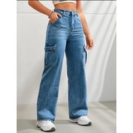 Women Trendy Baggy Cargo Jeans High Waist Loose Fit Widest Stretchable Acid Washed Ready Stock Size 