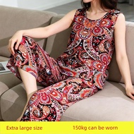 baju tidur perempuan baju perempuan 1 set Rompi musim panas, seluar kaki lebar sembilan titik, piyam