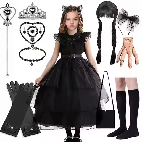 Gothic Halloween Costume Prom Dress for Girls 2024 Wensday Black Party Ball Gown Children Halloween 