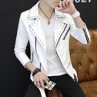 Jaket Kulit Lelaki Kot Kasual Musim Bunga Musim Gugur Fleece Tebal Fit Slim Trend Belia Bergaya Jake