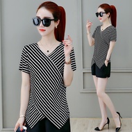 短袖条纹t恤女夏季新款修身显瘦V领上衣时尚拼接短袖打底衫女潮Short-sleeved Striped T-shirt Women's Summer New Slim-fit Slimming ben