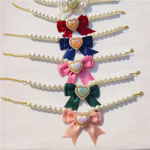 Pearl Gem Dog Cat Collar Bow Pet Necklace Shiny Kitten Puppy Cute Collar Pet Jewelry Dog Supplies Pu