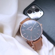 Siempre 簡約玫瑰金法國真皮錶帶對錶手錶 / SI-11001 深藍色女款