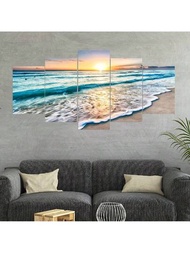 5入組現代海灘日出陽光海岸風景印刷pvc防水自粘壁貼,適用於客廳、書房裝飾