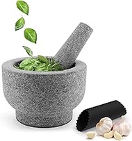 Flexzion Granite Mortar and Pestle Set, 2 Cup Molcajete Stone Grinding Bowl, Thai Herb Crushing Bowl with Garlic Peeler and Non-Stick Mat for Guacamole, Herbs, and Spices Crusher Grinder Masher, Gray