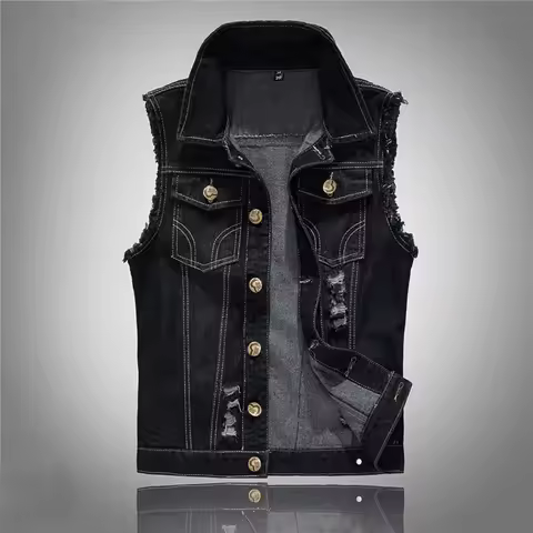 Plus Size Black Denim Vest Men's Casual Tear Drop Shoulder Vest Korean Style Fashion Outerwear From 