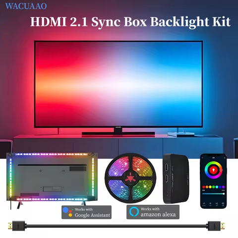 WACUAAO HDMI 2.1 TV Sync Box Backlight Kit for Immersive Home Theater, 4K 120Hz RGBIC for 40-85 inch