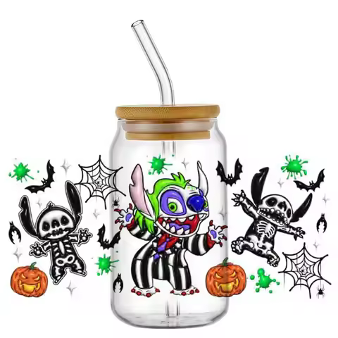 Halloween Horror Theme Stitch pattern Decal 16oz UV DTF Cup Wrap Transfers Stickers Washable Custom 