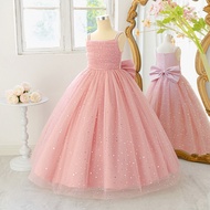 Girls Sequins Pink Long Dress Children Bead Suspender Princess Dress Flower Girl Fluffy Dress Girl H
