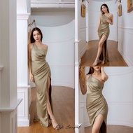 🏷️Red Carpet #R068 DOUBLE DIAMOND DRESS เดรสยาวไหล่เดียว เดรสซาติน ปาดไหล่ ชุดราตรี ชุดเพื่อนเจ้าสาว