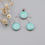 Silver thai Silver Spiral Design Turquoise Round Pendant and Earrings Set จี้และต่างหูสีเขียว ต่างหู