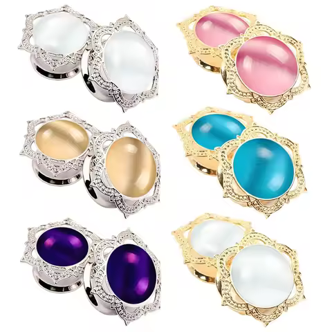Pair Natural Cat's Eye Stone Ear Plug Flesh Tunnel Silvery Golden Lotus Flower 6mm - 16mm Gauge Sadd