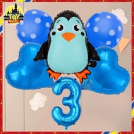 6pcs Penguin Balloon with Number Blue Foil Balloon Set Kid Birthday Party Photo Backdrop Decoration
