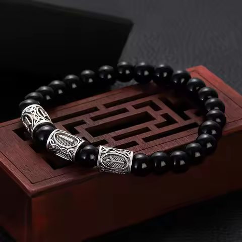 Vintage Runes Beads Charm Vikings Bracelet for Men Handmade Natural Black Onyx Stone Bracelets Homme
