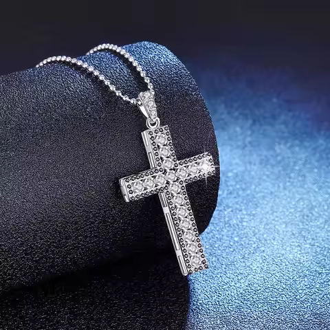 Women's Elegant Sparkly Platinum Bead Necklace - Full-Diamond Cross Moissanite (D Color) - PT950 Jew