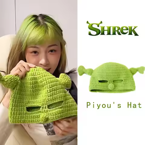 “Funny Shrek Full - Face Knitted Hat - Green Cartoon Cosplay Headwear, Unique Style Outfit & Photo P