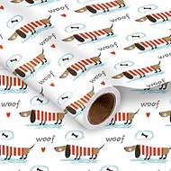 LeZakaa Dog Wrapping Paper Roll, Dachshund in Red Striped Sweaters, Bone&Woof Text Desgin for Dog Lo