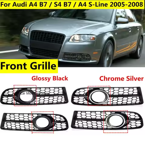 RM-CAR Front Grille For Audi A4 B7 / S4 B7 / A4 S-Line 2005-2008 HONEYCOMB FRONT SPORT BUMPER FOG LI